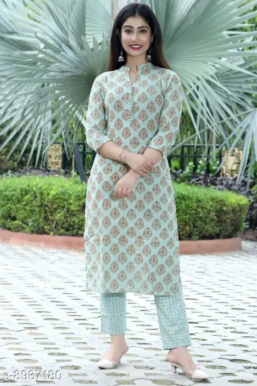Green Demirner cotton kurta set with printed net pants, three-quarter sleeves. Indian ethnic wear for women, single size XL