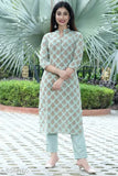 Green Demirner cotton kurta set with printed net pants, three-quarter sleeves. Indian ethnic wear for women, single size XL