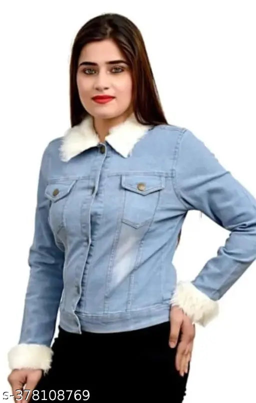 Jean jacket with a fluffy collar and cuffs, dark wash denim