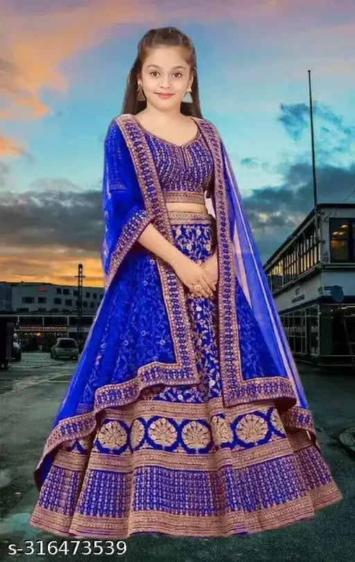 Girls Blue Designer Party Wear Semi-Stitched Satin Lehenga Choli with Embroidery, suitable for ages 3-15 years, free size
