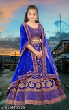 Girls Blue Designer Party Wear Semi-Stitched Satin Lehenga Choli with Embroidery, suitable for ages 3-15 years, free size