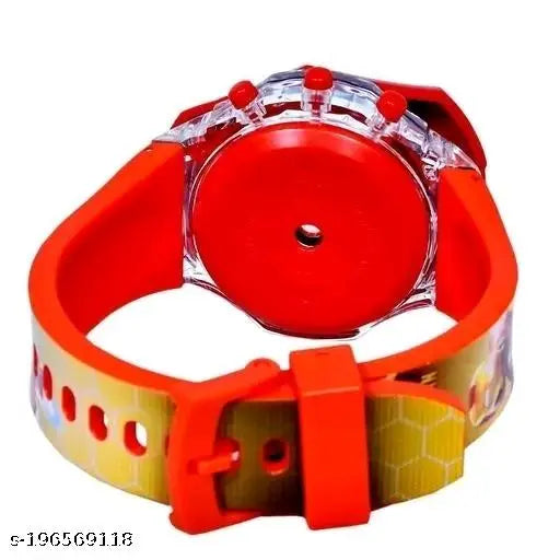 Red music and light system watch for kids with a face resembling Iron Man