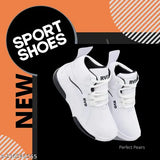 Athletic running shoes with white soles, black laces, suitable for sports activities