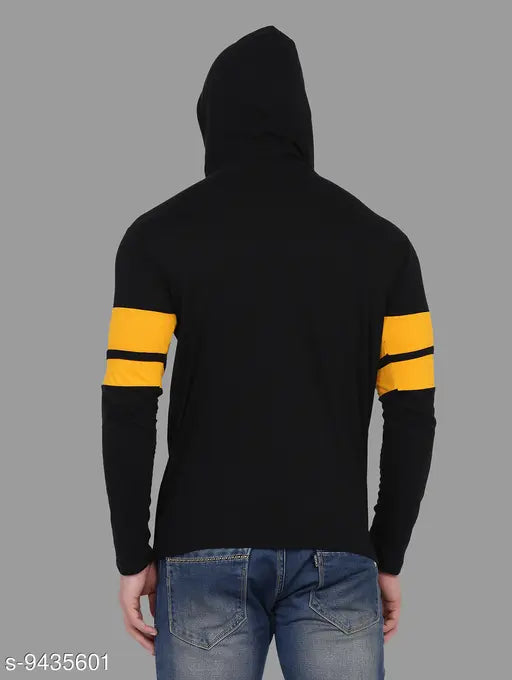 Black cotton blend hoodie with printed geum design, long sleeves for men's casual style. Size: S (38in x 26in), M (40in x 27in), L (42in x 28in), XL (44in x 29in). Premium quality from India