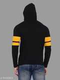 Black cotton blend hoodie with printed geum design, long sleeves for men's casual style. Size: S (38in x 26in), M (40in x 27in), L (42in x 28in), XL (44in x 29in). Premium quality from India