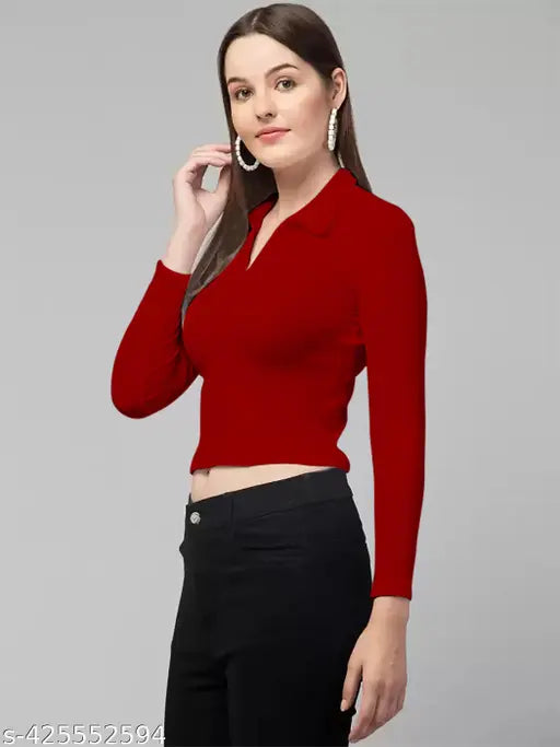 Red polyester blend ribbed collar V-neck top, stylish and casual, long sleeves, size XS (32in bust, 20in length)