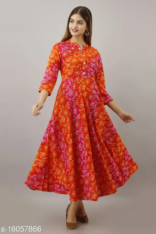 Orange rayon embellished Anarkali kurti, three-quarter sleeves, printed pattern. Women's fashion, Indian ethnic wear, rayon material