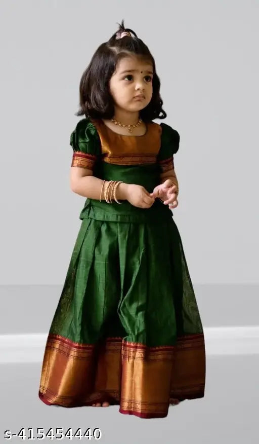 Kids Solid Art Silk Lehenga Choli, flared design, short sleeves, hand-stitched net detail, India origin