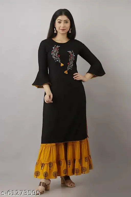 Black, yellow ruffled kurta with matching dupatta