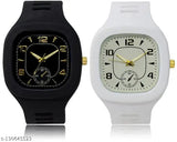 Two analog silicone multicolor watches, yellow and white dials, black straps, water-resistant