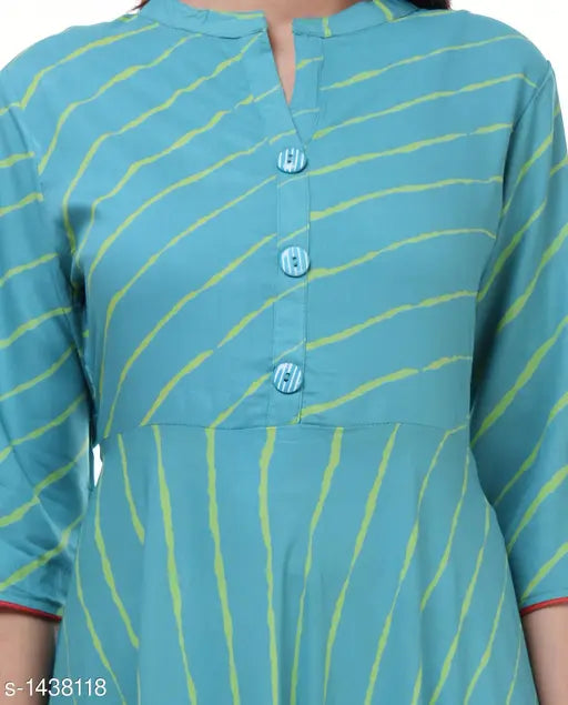 Rayon flared stripe kurti, three-quarter sleeves, printed combo. Women's Indian fashion in vibrant stripes