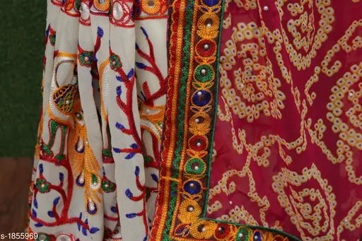 Beautiful red and gold patterned georgette sari with fringe detailing