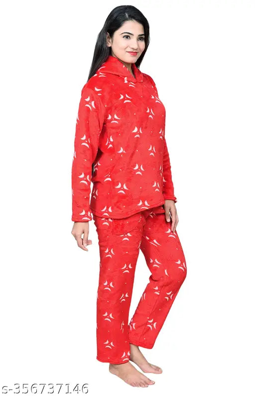 Vintage-style, funky printed wool blend winter night suit for women & girls in velvet fabric, perfect for cozy nights at home - India