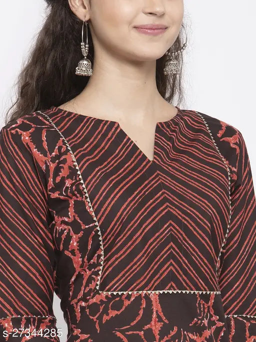 Indibelle Cotton Coffee Brown Abstract Print Straight Kurta, Rayon fabric with round V-neck and contrast yoke detailing, three-quarter sleeves, and bell sleeve accents. Calf length with straight hemline. Indian-made fashion