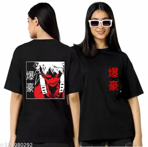 Black cotton round-neck anime t-shirt featuring 'My Hero Academia' design for women