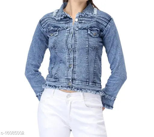 Raw edge light blue denim jacket for women, solid color, long sleeves on hanger (India-made)