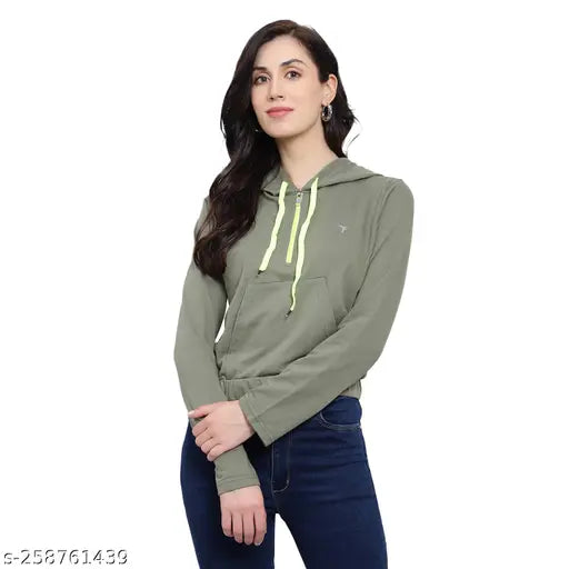 FineTtouch women's cotton crop hoodie t-shirt - trendy solid color long sleeve, size S-XL