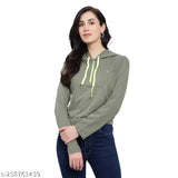 FineTtouch women's cotton crop hoodie t-shirt - trendy solid color long sleeve, size S-XL