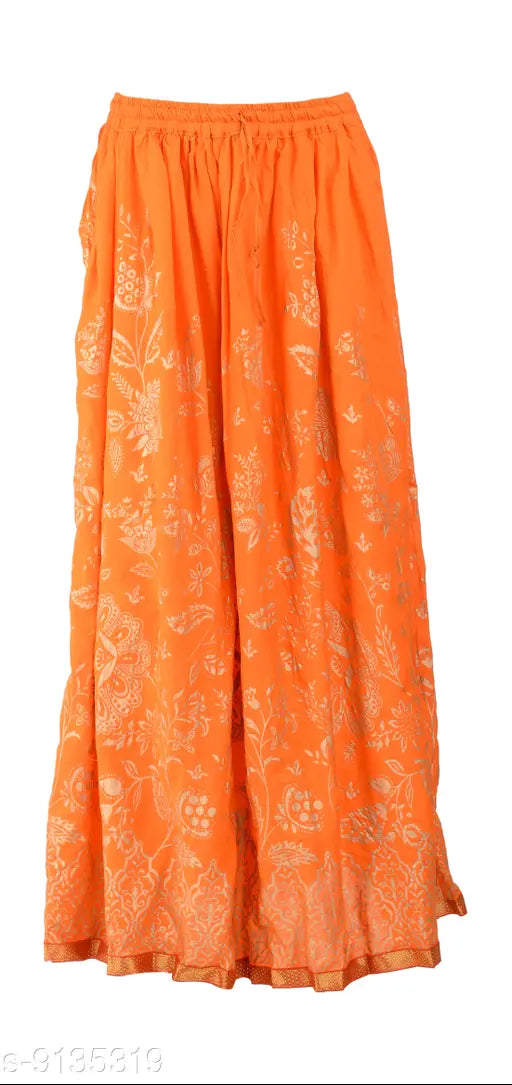 Long, orange, rajasthani skirt with block gold print