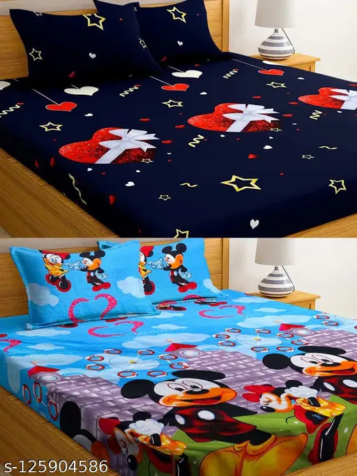 Kids combo pack with 3D king size sheets, 2 bed sets in blue and pink, and 4 pillows for double beds