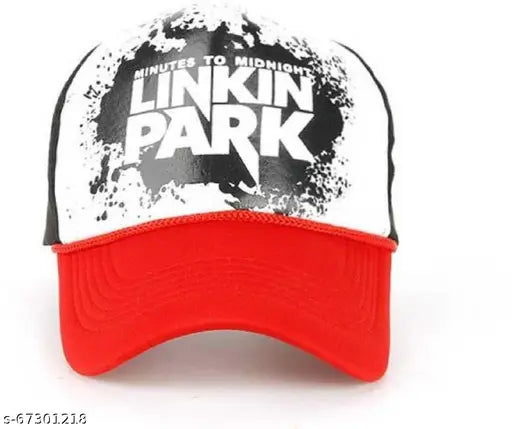 Red cotton snapback cap with Linking Park printed design, popular sports accessory from India