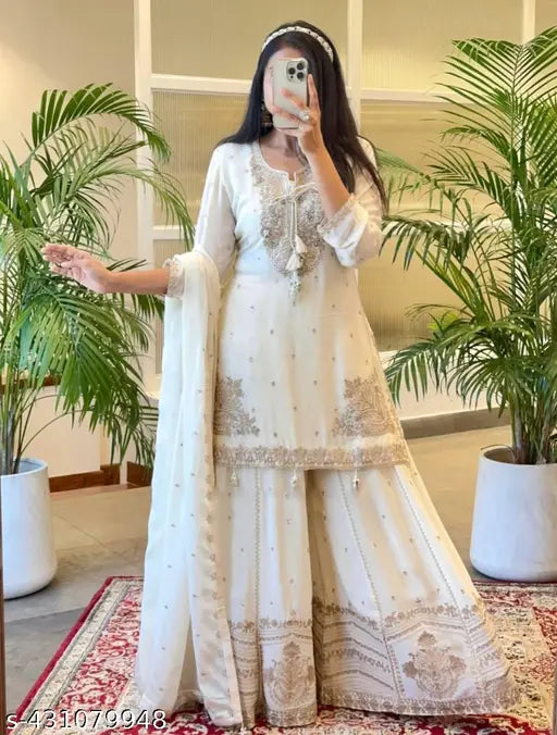 Golden embroidered kurta set with matching dupatta
