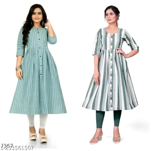 Women's New Cotton Self-Design Flared Kurta, three-quarter sleeves, M (38in bust, 44in length), L (40in bust, 44in length), XL (42in bust, 44in length), XXL (44in bust, 44in length). Indian cotton Kurta with attractive prints and all-season trending colors. Quality-checked by Bharti Textiles Brand