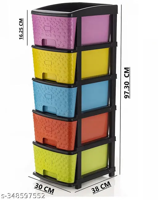 Multi-colored drawer organizer with removable bins in various sizes for storage. Ideal for organizing clothes, files, stationery, toys, and more