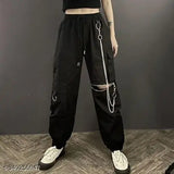 Cotton cargo pants with knee zippers & waist chains, solid color, women's comfortable pants with spacious pockets for everyday wear or outdoor adventures (size 26/28in, 28in, 30in, 32in, 34in) - made in India