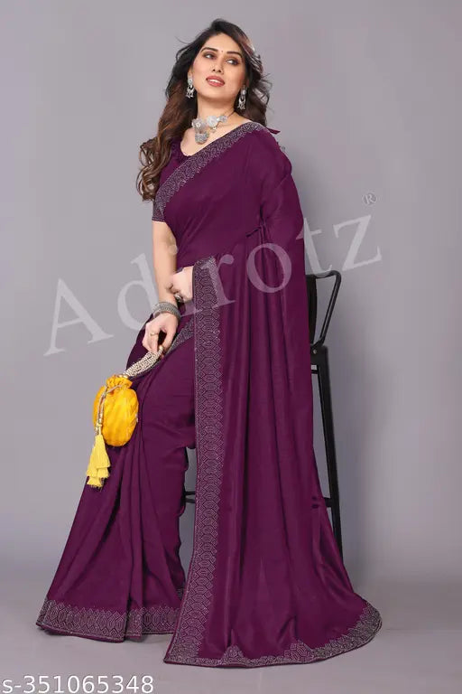 Solid Plain Georgette Saree, Vichitra Silk fabric, boasting captivating solid pattern and borders, elegant for any occasion