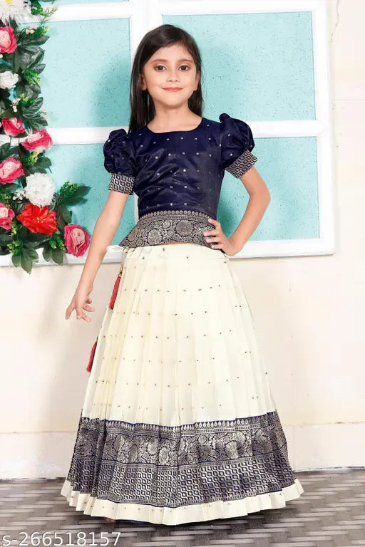 Girls traditional cotton silk Pattu Pavadai Lehenga Choli set for kids, embellished top with short sleeves and zari stitch lehenga, stitched net material, sizes 12-10 years, made in India
