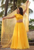 Yellow semi-stitched lehenga choli in designer net fabric, featuring lace border dupatta and altra satin blouse. Indian party wear or festive outfit