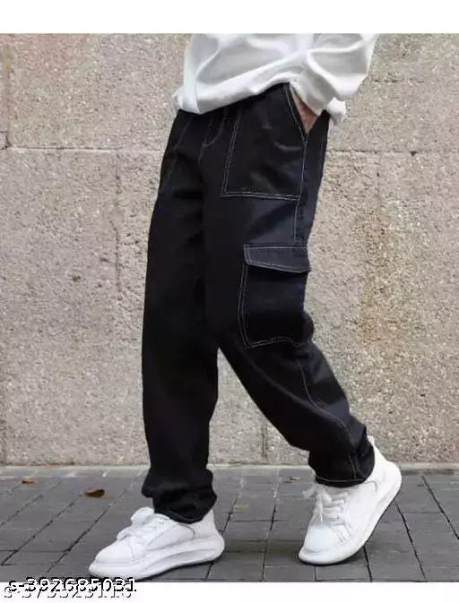 Stretchable black denim baggy jeans for men by Markview, size available: 26/28(39in), 30/32(39in), made in India