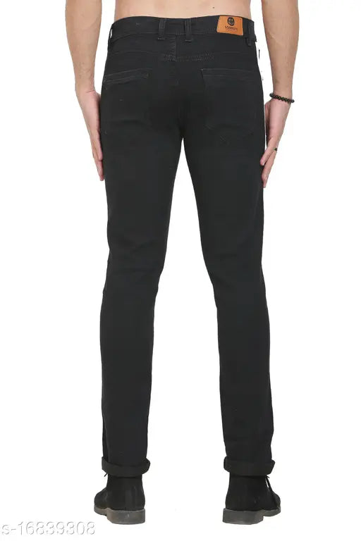 Black polycotton side-stripe men's jeans, solid style, size options: 32x40in & 34x40in