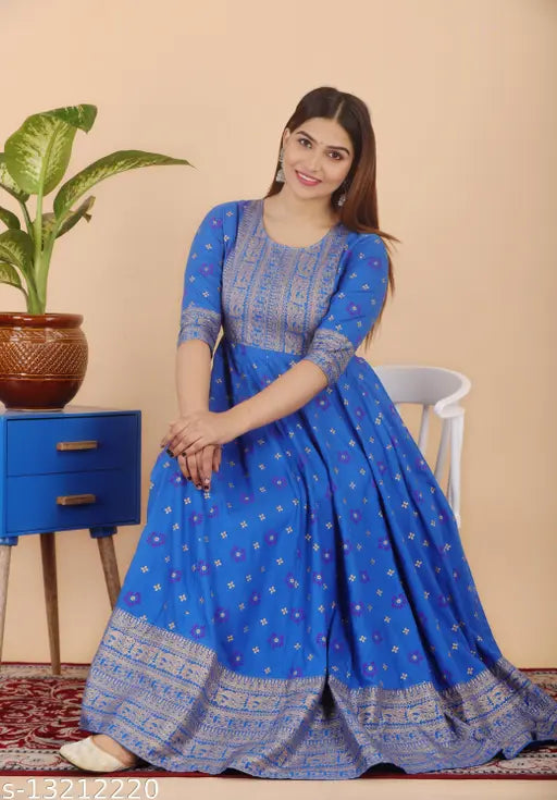 Blue rayon border block gold printed Anarkali kurti dress - Traditional Indian garment, long full length, fitted bodice, flared silhouette