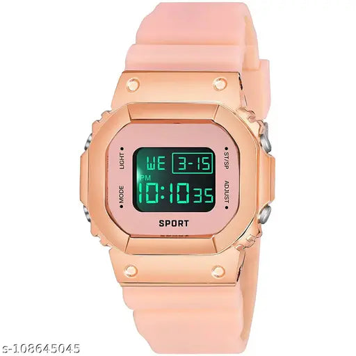 Pink sports watch with digital display, showing time as 3:15, reading "WE WILL BE BACK AT 10:30