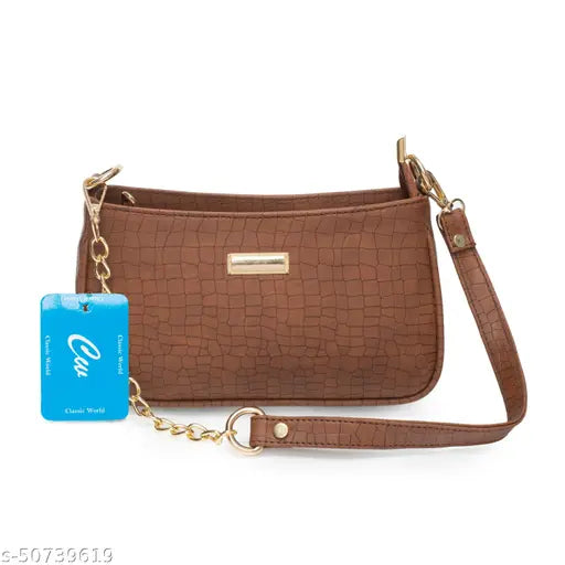 Brown leather slingbag with multiple card slots, chain strap, and tag