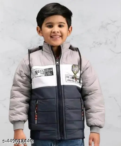 Grey and black padded coat with zip closure, hoodie and pockets