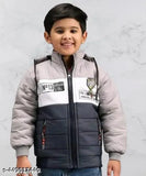 Grey and black padded coat with zip closure, hoodie and pockets