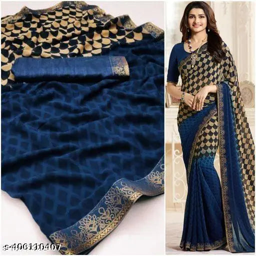 Floral print daily wear saree with gold borders and pallu