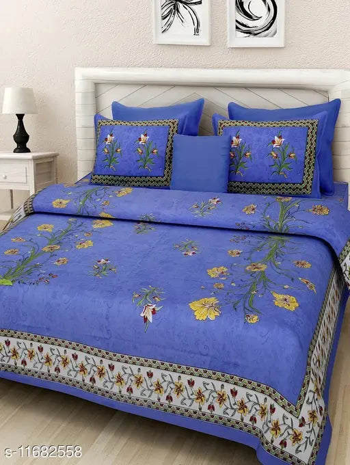 Rajasthani Jaipuri printed cotton double bedsheet combo pack with 4 pillow covers, vibrant Indian motifs on queen-size bedsheets and pillows