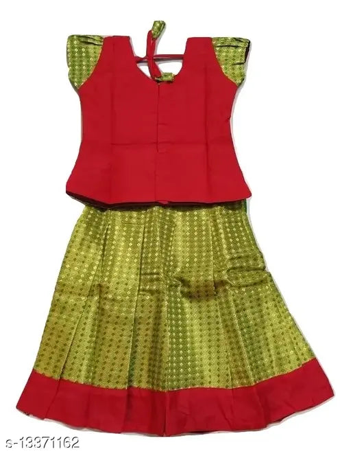 Green multicolor baby girl's South Indian art silk pattu pavadai lehenga choli