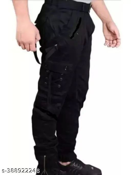 Black cotton blend cargo jeans for men by Flaying Men, size 28/30/32/34, solid pattern
