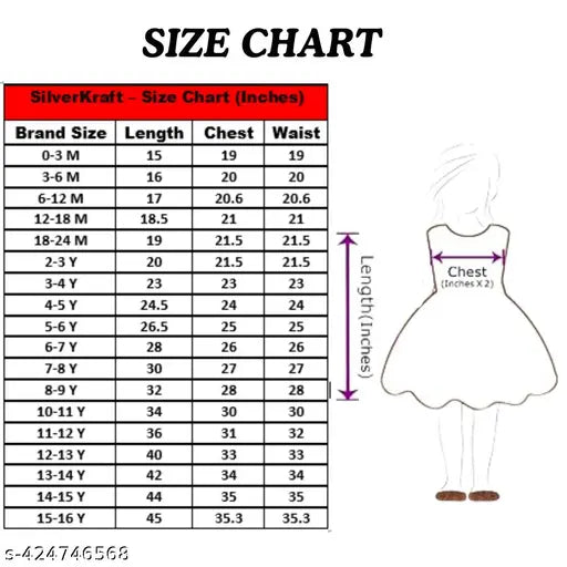 Silver kraft peach girls pleated knee length frock, size chart with measurements for bust, waist, hip, and length