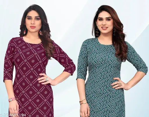 Green, blue and pink Myra Graceful Bandhani Kurtis in pack of 2