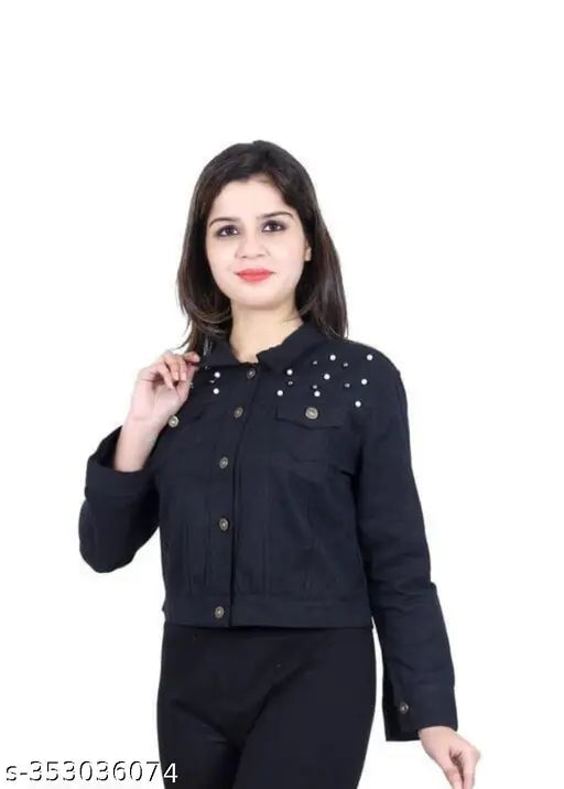 Denim women's collar jacket, solid net long sleeves, size L (38in bust, 21in length), made in India