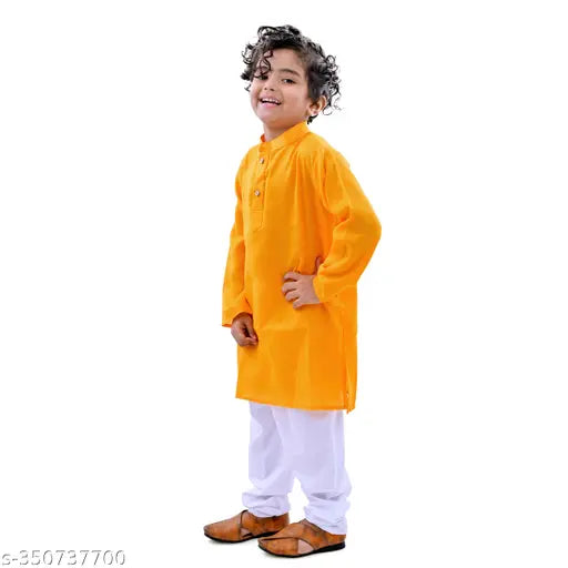 Yellow cotton blend kids' kurta with full sleeves, solid pattern for ethnic wear