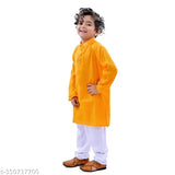 Yellow cotton blend kids' kurta with full sleeves, solid pattern for ethnic wear