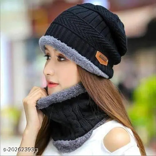 Multicolor wool winter beanie hat & scarf set, thick acrylic knit with fleece lining - ideal for cold weather activities