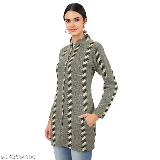 Dimsy Collection woolen cardigan and kurta set in gray with geometric trim